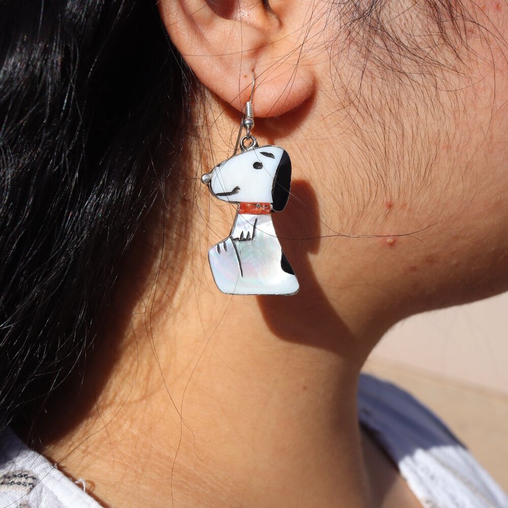 Handmade Zuni Inlay Large Snoopy Dog Dangle Earrings Sterling Silver Jewelry‎ ** - Picture 10 of 15